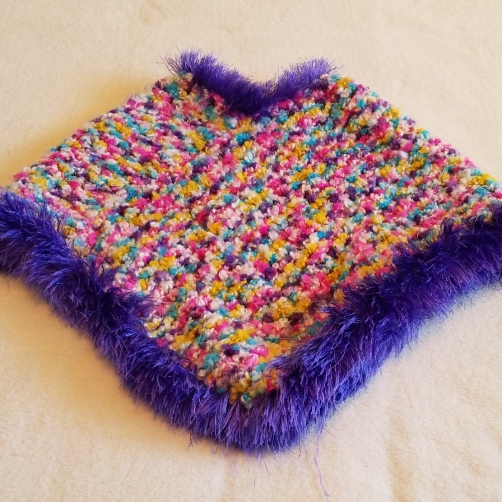 Little girls multicolored Poncho with purple fuzzy
